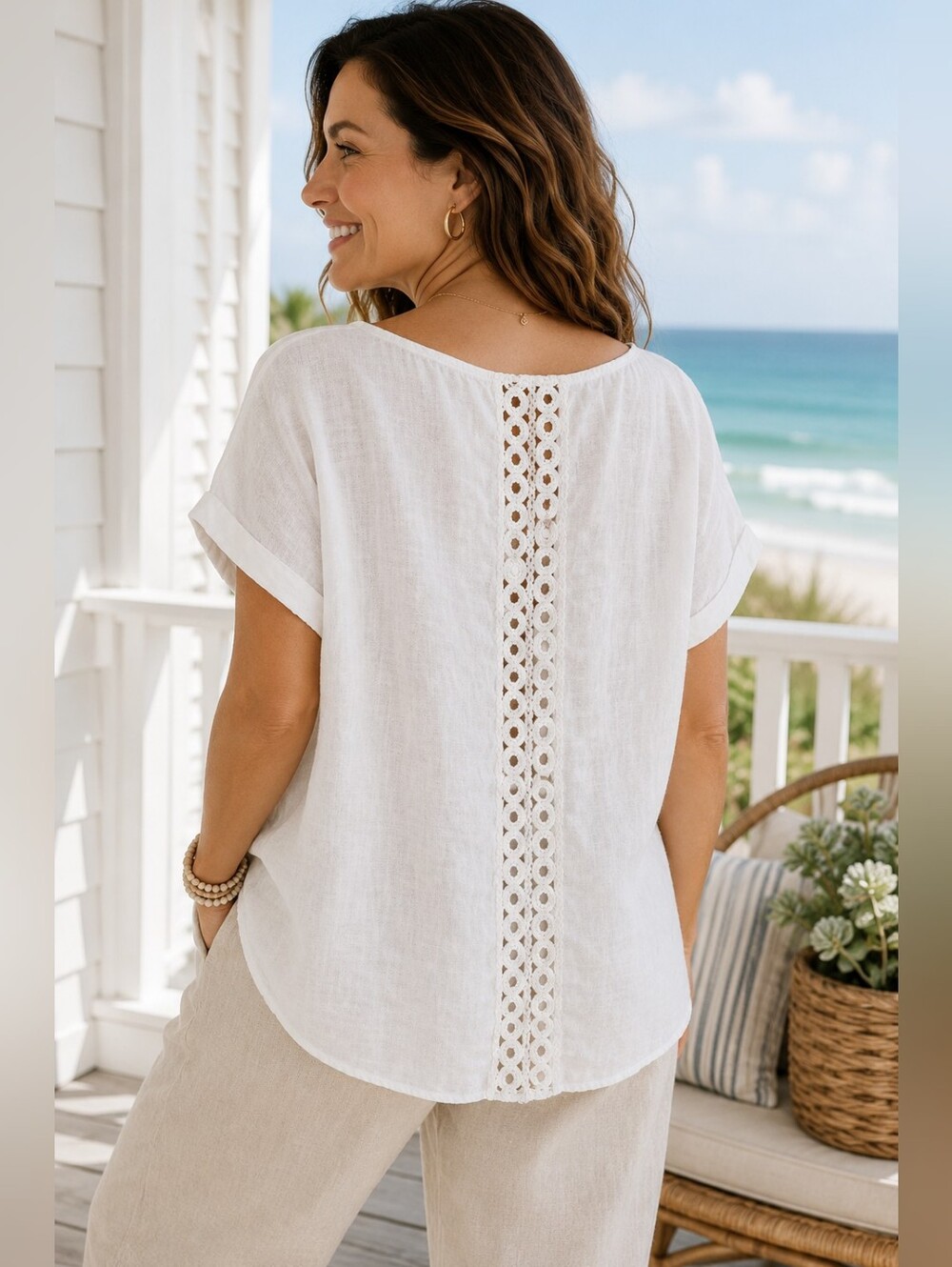Terzo Millennio White Linen Blend Crochet Back Short Sleeve Top Size Large